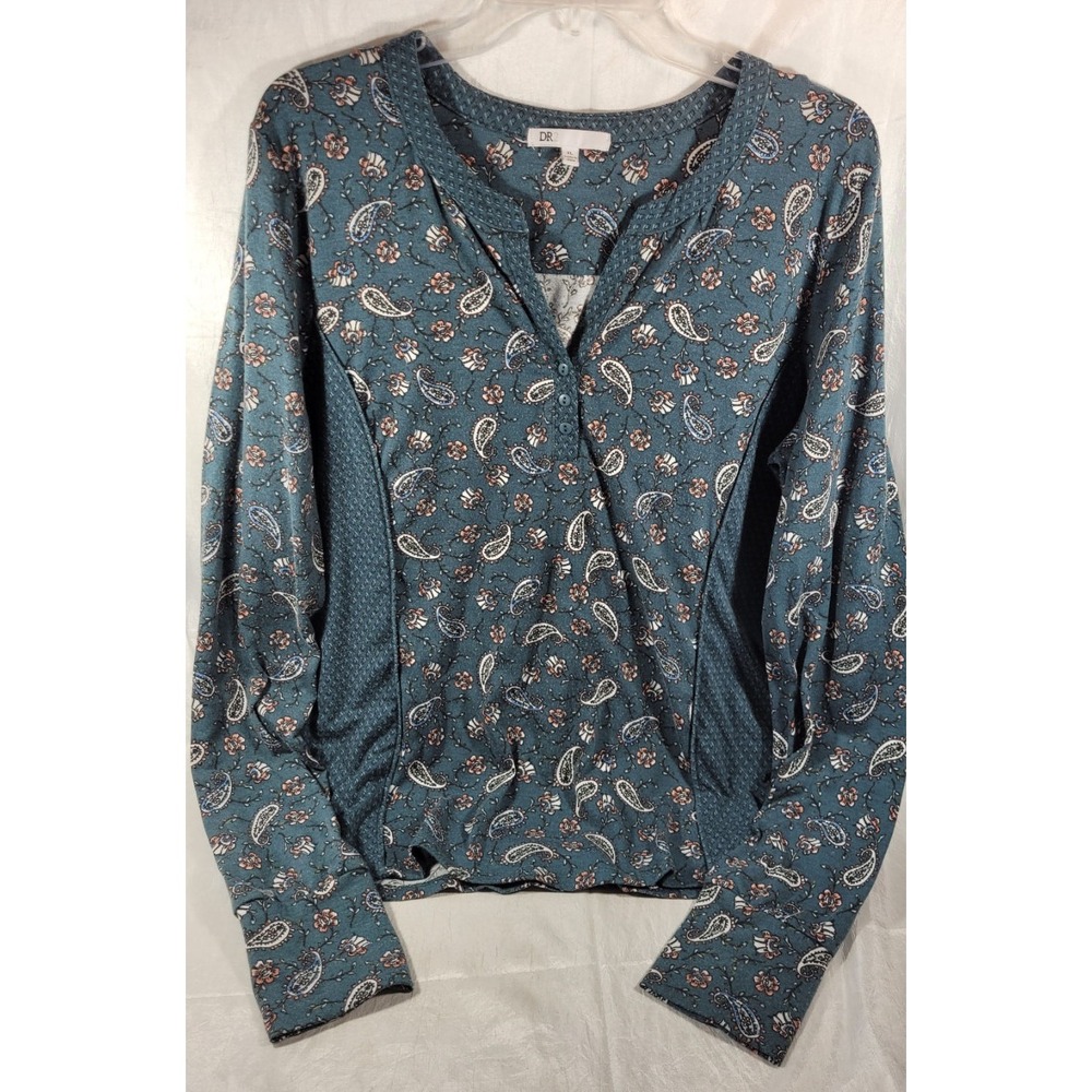 DR2 Daniel Rainn Women's Long Sleeve Paisley Print Henley T-shirt - Green - XL